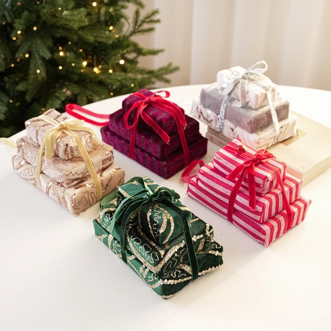 Boîtes Cadeaux Suspendues pour Arbre de Noël Ornements Empilés Décor de Boîte Cadeau en Velours Paillettes pour Fête de Noël Maison