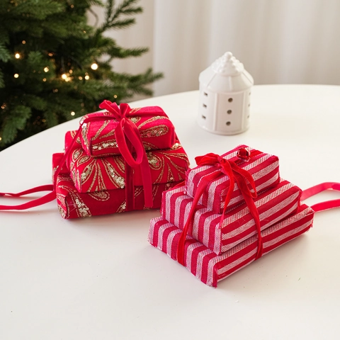 Boîtes Cadeaux Suspendues pour Arbre de Noël Ornements Empilés Décor de Boîte Cadeau en Velours Paillettes pour Fête de Noël Maison