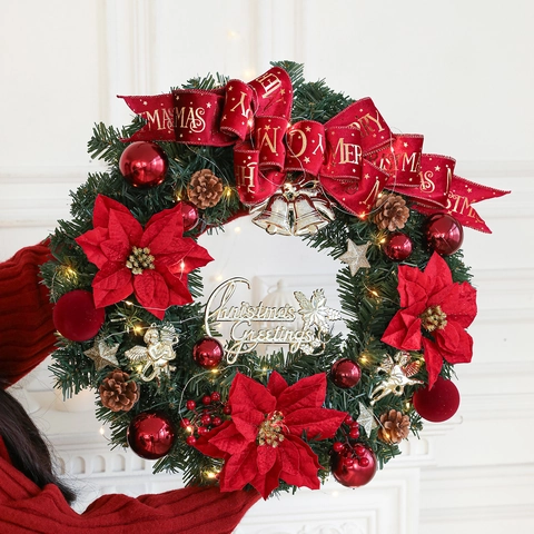 Pre-Lit Christmas Wreath LED Lights Red Gold Pine Needle Garland Pine Cones Bells Bow For Front Door Wall Decor