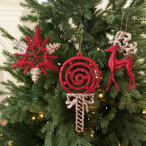 Christmas Tree Ornaments Glitter Plastic Red Silver Star Snowflake Deer Butterfly Hanging Decoration Xmas Party Tree Topper