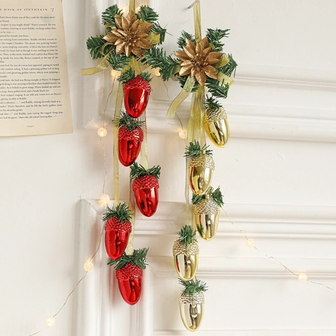 Christmas Pinecone LED Hanging Ornaments Gold Red Plastic Acorn Pine Needles Satin Ribbon For Holiday Home Party Decor