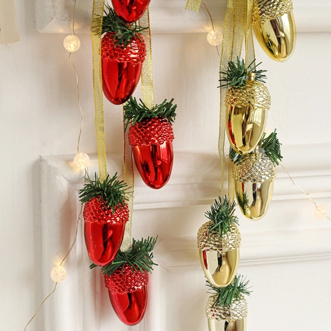 Christmas Pinecone LED Hanging Ornaments Gold Red Plastic Acorn Pine Needles Satin Ribbon For Holiday Home Party Decor
