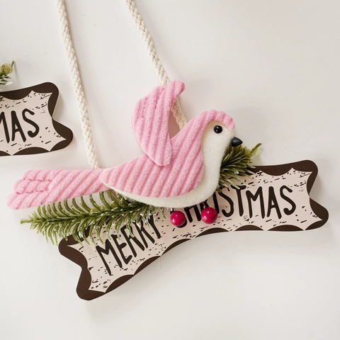 Decorazione Natalizia Pendente Uccello in Tessuto Con Striscione in Legno Merry Christmas Pini e Bacche Decorazione Albero