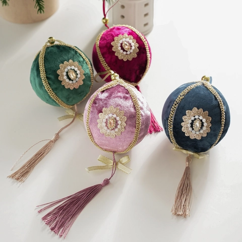 Christmas Ball Ornaments Velvet Fabric With Tassel Rhinestone Artificial Pearl Vintage Luxury Tree Hanging Decor