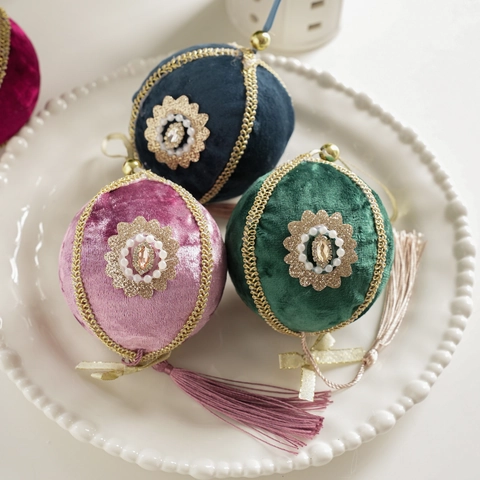 Christmas Ball Ornaments Velvet Fabric With Tassel Rhinestone Artificial Pearl Vintage Luxury Tree Hanging Decor