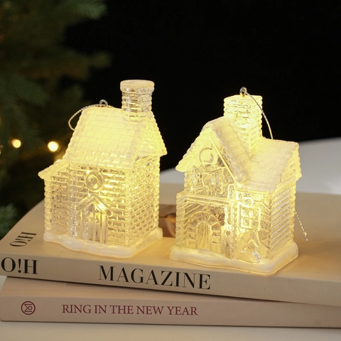 LED Verlicht Transparant Kersthuis Hangende Decoratie Helder Acryl Besneeuwde Kleine Hut Decor Voor Kerstboom