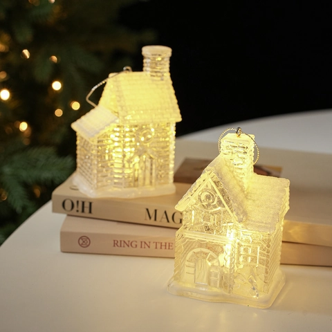 LED Verlicht Transparant Kersthuis Hangende Decoratie Helder Acryl Besneeuwde Kleine Hut Decor Voor Kerstboom