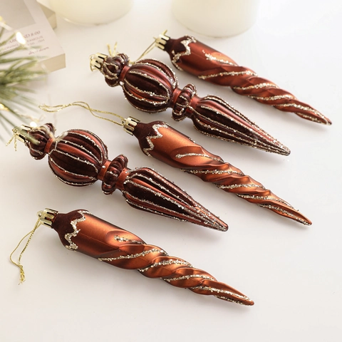 Glitter Christmas Tree Hanging Ornaments Nordic Brown Plastic Icicle Finial Pendants Holiday Party Home Decoration