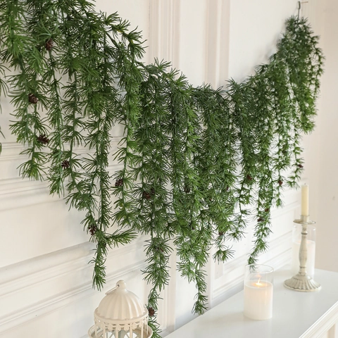 Artificial Christmas Pine Needle Garland Vine Hanging Decor With Pinecones Snowy PE Plastic For Fireplace Wall Home