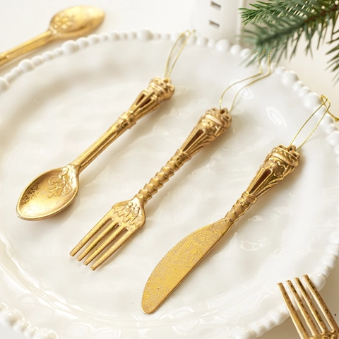 Decorazioni Natalizie Pendenti in Plastica Dorata Vintage a Forma di Posate Set Cucchiaio Forchetta Coltello