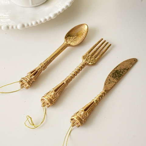 Decorazioni Natalizie Pendenti in Plastica Dorata Vintage a Forma di Posate Set Cucchiaio Forchetta Coltello