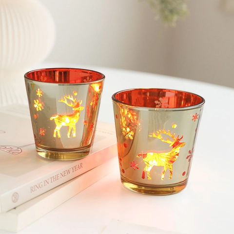 Nordic Christmas Glass Candle Holder Reindeer Snowflake Tree Pattern Hollow Tea Light Cup Holiday Party Home Table Decor