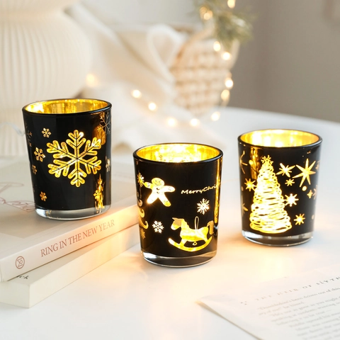 Nordic Christmas Glass Candle Holder Reindeer Snowflake Tree Pattern Hollow Tea Light Cup Holiday Party Home Table Decor