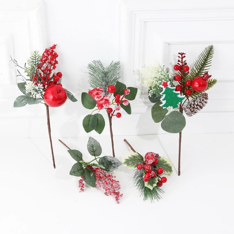 Picos de Navidad Artificiales Con Bayas Rojas Agujas de Pino Piñas Rama Nevada Para Decoración del Hogar Decoración Floral Festiva