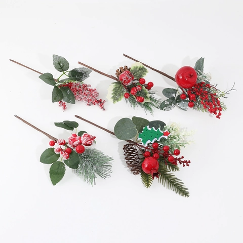 Picos de Navidad Artificiales Con Bayas Rojas Agujas de Pino Piñas Rama Nevada Para Decoración del Hogar Decoración Floral Festiva