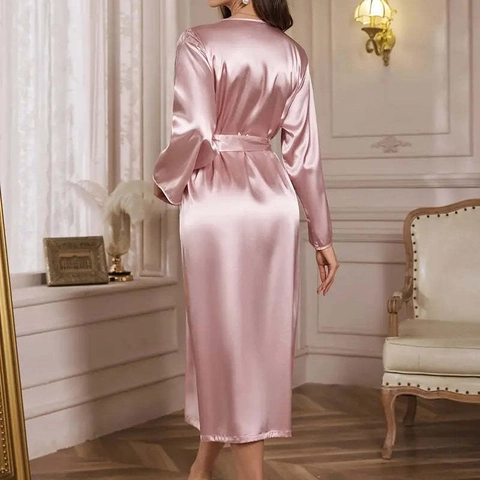 Women Satin Robe Pink Long Sleeve Faux Satin V Neck Nightgown Sleepwear Loungewear Bathrobe Elegant Waist Tie Soft Luxury