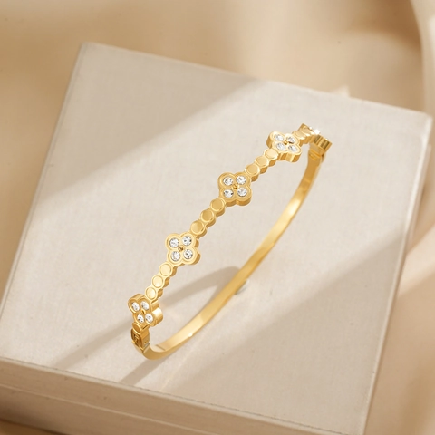 Clover Bangle Stainless Steel Rhinestone Inlaid Spring Open Fashion Jewelry For Women