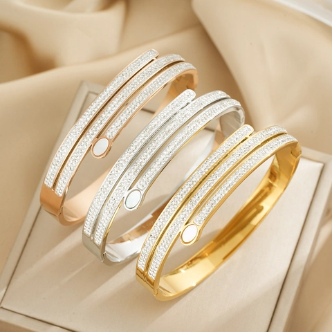 Sparkly Triple Row Rhinestone Open Cuff Bangle Titanium Steel Luxury Elegant Fashion Jewelry For Women