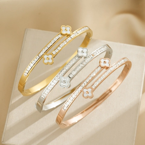 Klavertje Vier Armring Titanium Staal Zirconia Verstelbaar Luxe Elegant Armband Voor Dames