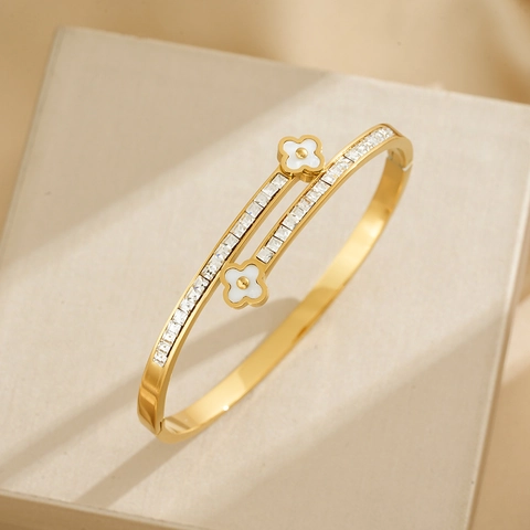 Klavertje Vier Armring Titanium Staal Zirconia Verstelbaar Luxe Elegant Armband Voor Dames