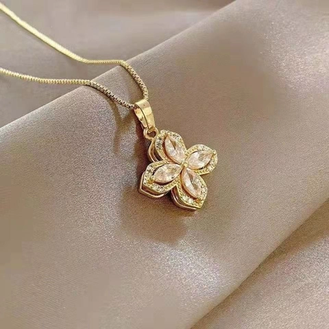 Rotierende Blumen Klee Schmuck Halskette Ohrringe Und Offener Ring Titanstahl Zirkon Inlay Eleganter Stil Damen