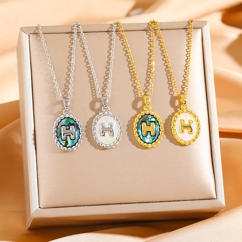 Letter H Initial Pendant Necklace Stainless Steel Mother Of Artificial Pearl Abalone Shell Oval Twisted Rope Border Women