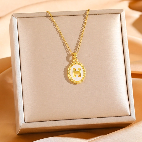 Letter H Initial Pendant Necklace Stainless Steel Mother Of Artificial Pearl Abalone Shell Oval Twisted Rope Border Women