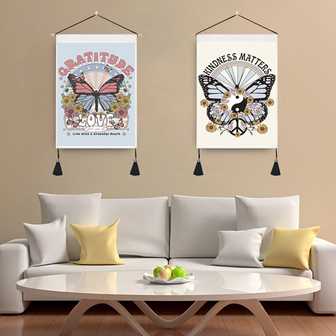 Vintage Schmetterling Gänseblümchen Wandteppich Mit Holzstange Und Quasten Baumwoll Polyester Stoff Wandbehang Deko Für Schlafzimmer Wohnzimmer