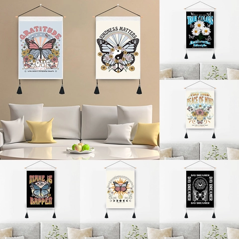 Vintage Schmetterling Gänseblümchen Wandteppich Mit Holzstange Und Quasten Baumwoll Polyester Stoff Wandbehang Deko Für Schlafzimmer Wohnzimmer