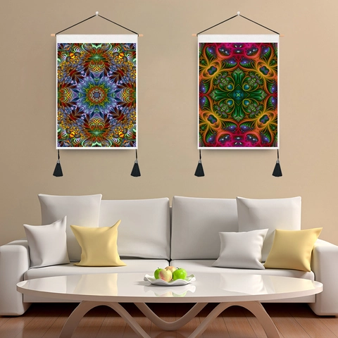 Arazzo Da Parete Mandala Arte Frattale Con Aste In Legno E Nappine Per Decorazione Parete Stile Bohemien