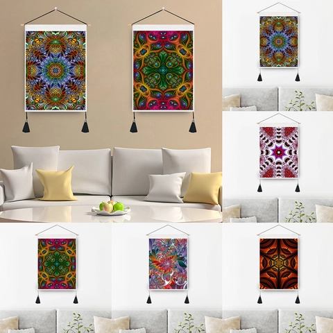 Arazzo Da Parete Mandala Arte Frattale Con Aste In Legno E Nappine Per Decorazione Parete Stile Bohemien