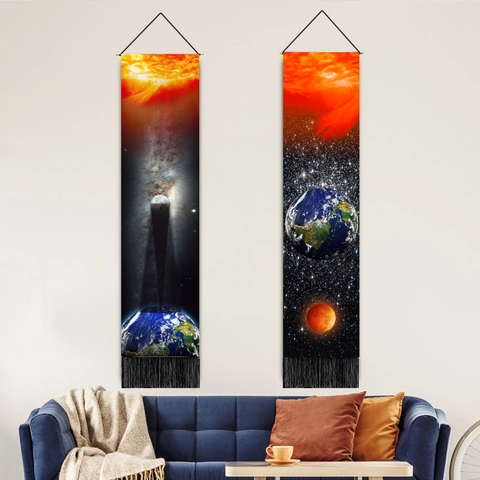 Arazzo Da Parete Galassia Pianeta Universo Spazio Esterno Verticale Tessuto Cotone Lino Con Palo Legno E Nappe Decor