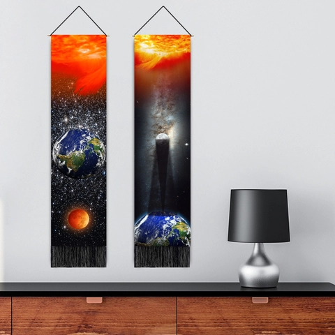 Arazzo Da Parete Galassia Pianeta Universo Spazio Esterno Verticale Tessuto Cotone Lino Con Palo Legno E Nappe Decor
