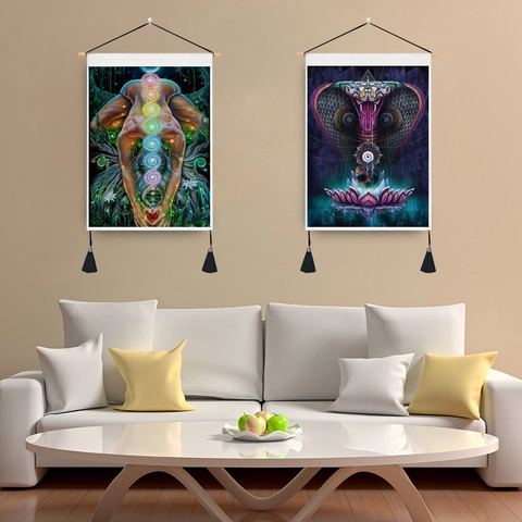 Arazzo Mandala Rotolo Da Parete Poliestere Cotone Con Asta In Legno Nappa Boho Chakra Yoga Decorazione Artistica