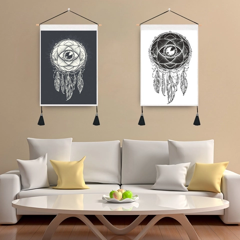 Bohemian Wall Hanging Tapestry Cotton Polyester Cloth Art Wood Pole Black White Eye Dreamcatcher Mandala For Home Decor