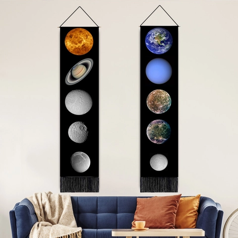 Sonnensystem Planeten Mond Wandteppich Hängende Rolle Mit Quasten Und Holzstange Polyester Baumwolle Nordisches Vertikales Dekor