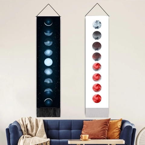 Moon Phase Cycle Hanging Tapestry Polyester Cotton Wall Scroll With Wood Rod Tassels Bohemian Nordic Style Home Decor