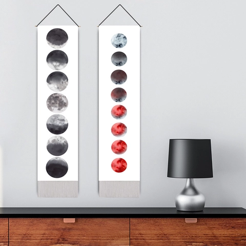 Moon Phase Cycle Hanging Tapestry Polyester Cotton Wall Scroll With Wood Rod Tassels Bohemian Nordic Style Home Decor