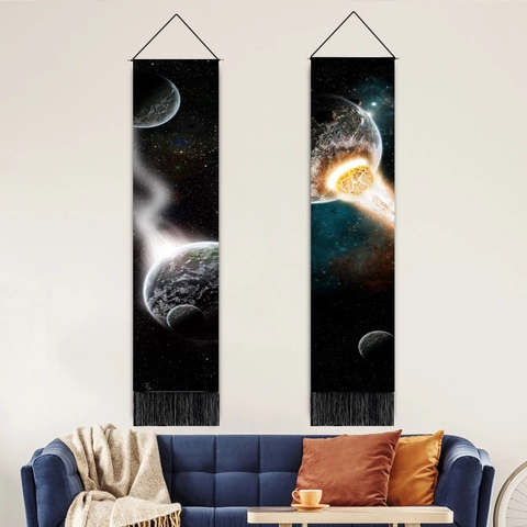 Galaxy Planeet Hangende Tapijt Verticale Muurrol Met Kwastjes Polyester Katoen Houten Stok Woondecoratie