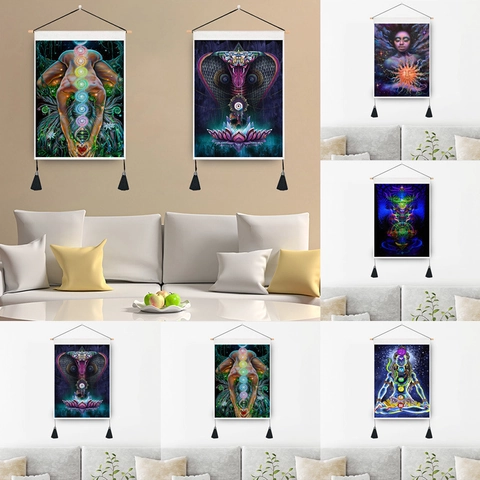 Arazzo Mandala Rotolo Da Parete Poliestere Cotone Con Asta In Legno Nappa Boho Chakra Yoga Decorazione Artistica