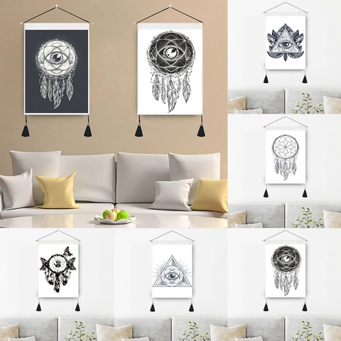 Bohemian Wall Hanging Tapestry Cotton Polyester Cloth Art Wood Pole Black White Eye Dreamcatcher Mandala For Home Decor