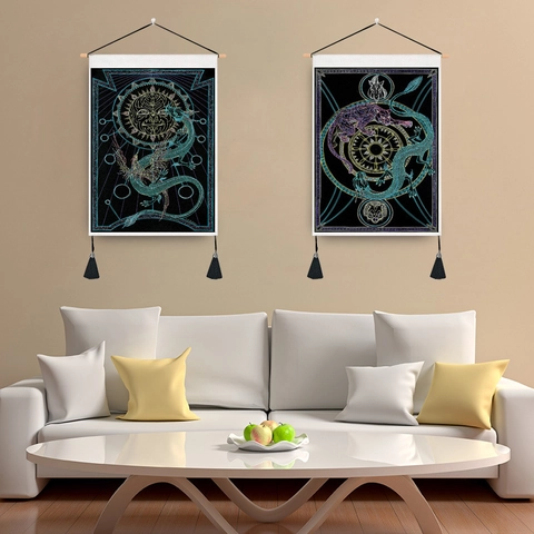 Arazzo Da Parete Mandala Mistico Motivo Mitico Nordico Bohemien Poliestere Cotone Con Palo Di Legno Nappina Arredo Casa