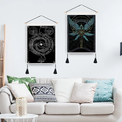 Arazzo Da Parete Mandala Mistico Motivo Mitico Nordico Bohemien Poliestere Cotone Con Palo Di Legno Nappina Arredo Casa