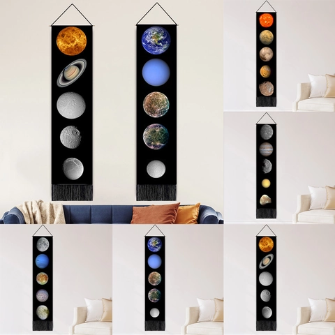 Sonnensystem Planeten Mond Wandteppich Hängende Rolle Mit Quasten Und Holzstange Polyester Baumwolle Nordisches Vertikales Dekor
