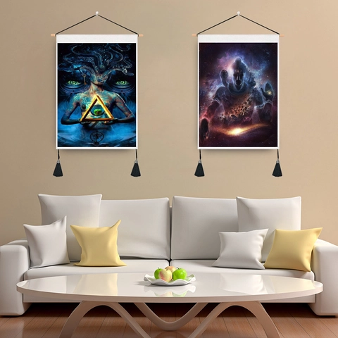 Wall Hanging Scroll Tapestry Polyester Cotton Fabric Indian Buddha Shiva Mystery Fantasy Galaxy Prints Wooden Pole Tassels