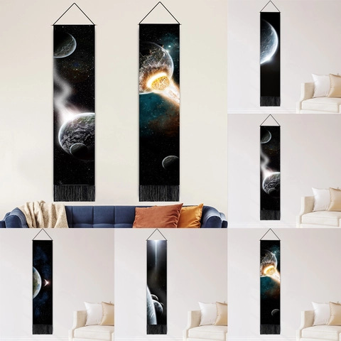 Galaxy Planeet Hangende Tapijt Verticale Muurrol Met Kwastjes Polyester Katoen Houten Stok Woondecoratie