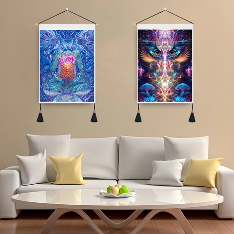 Psychedelic Art Wall Hanging Tapestry Polyester Cotton Mandala Meditation Print With Wood Pole And Tassels Decoration