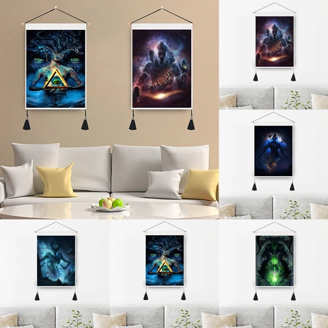 Wall Hanging Scroll Tapestry Polyester Cotton Fabric Indian Buddha Shiva Mystery Fantasy Galaxy Prints Wooden Pole Tassels