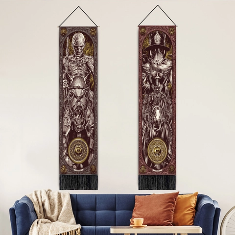 Gothic Tarot Wall Tapestry Four Horsemen Of Apocalypse Skeleton Knight Scroll Poster With Tassel Polyester Cotton Hanging Painting