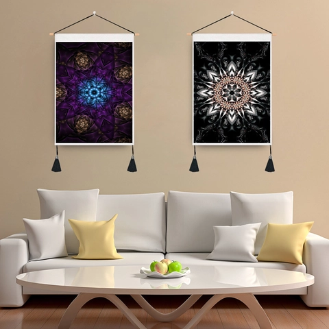 Tapiz De Pared Mandala Patrón Abstracto Bohemio Pintura Colgante De Poli Algodón Con Poste De Madera Y Borlas